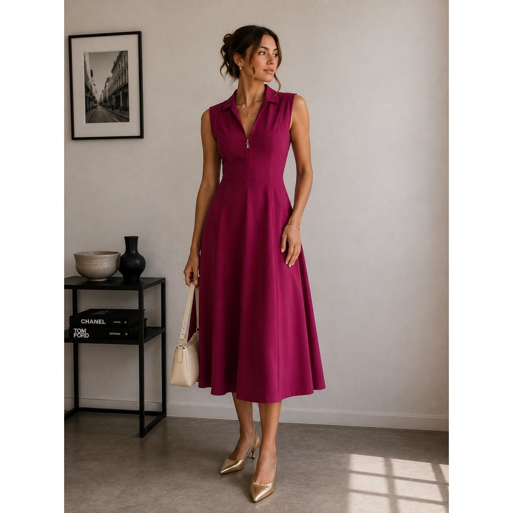 Calvin Klein Magenta Sleeveless Fit and Flare Dress Notched Collar Size 4
